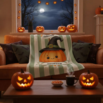 Halloween-themed throw blanket pumpkin witch personalized with name