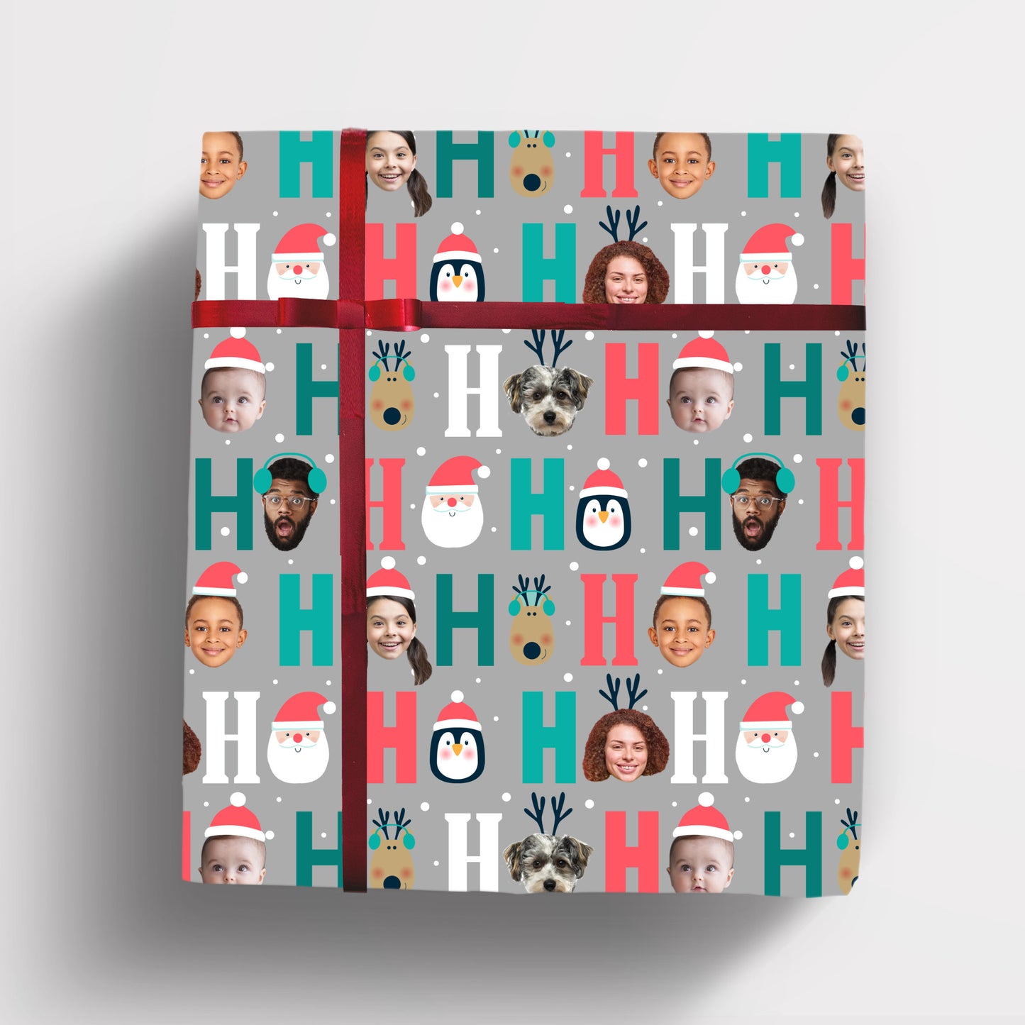 holiday family gift wrap with multiple photos grey