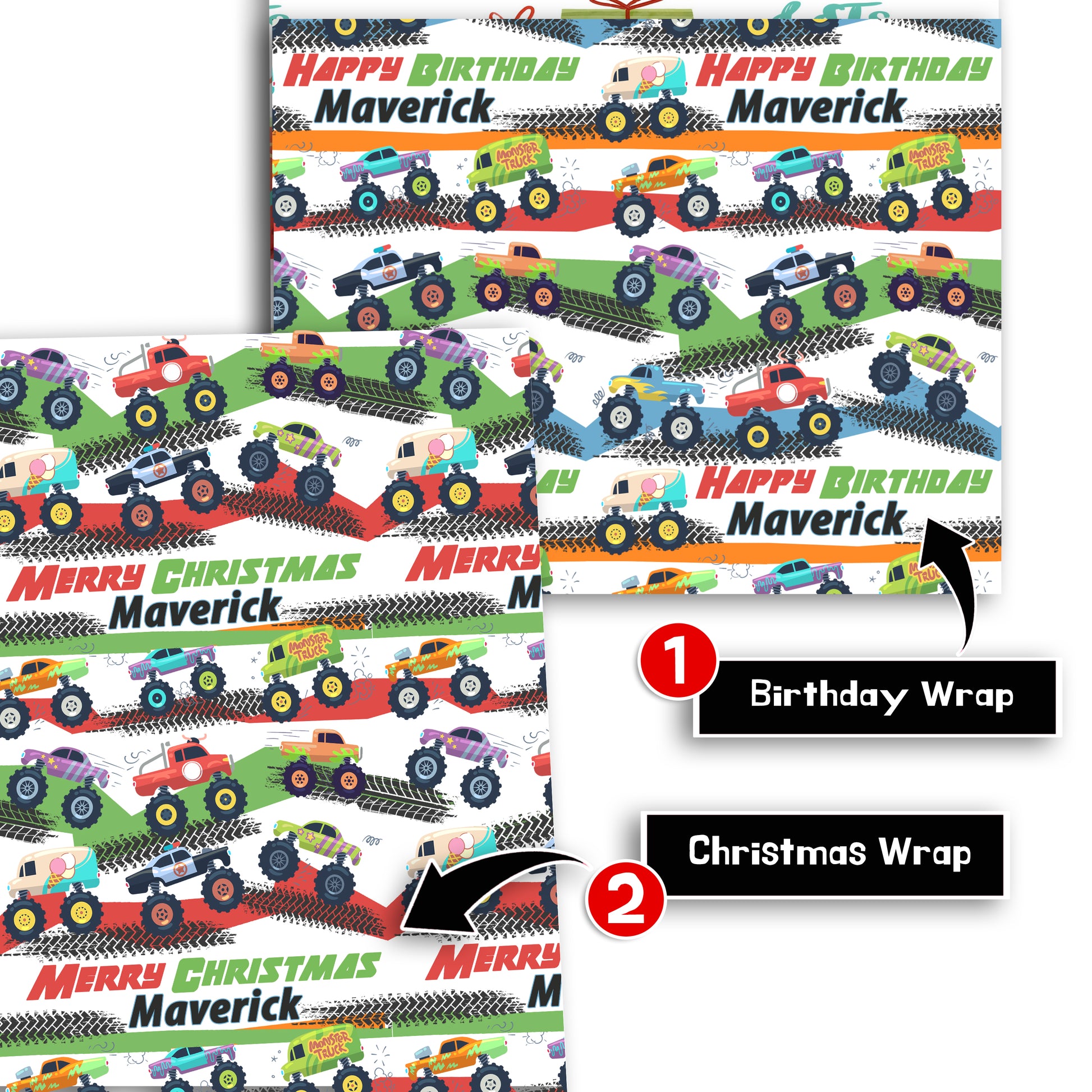 Monster Truck Wrapping Paper - Name Birthday or Christmas gift wrap