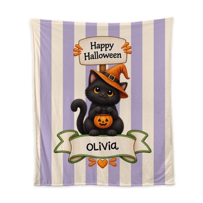 custom kids blanket Halloween design with a black cat 