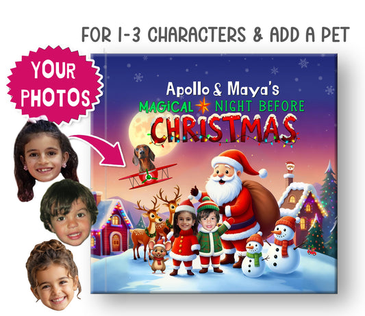 Personalized family Christmas book A Magical Night Before Christmas featuring custom photos and names for 1–3 people and a pet