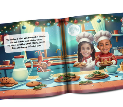 Custom Christmas book featuring two personalized characters with real photo faces and names for siblings or family