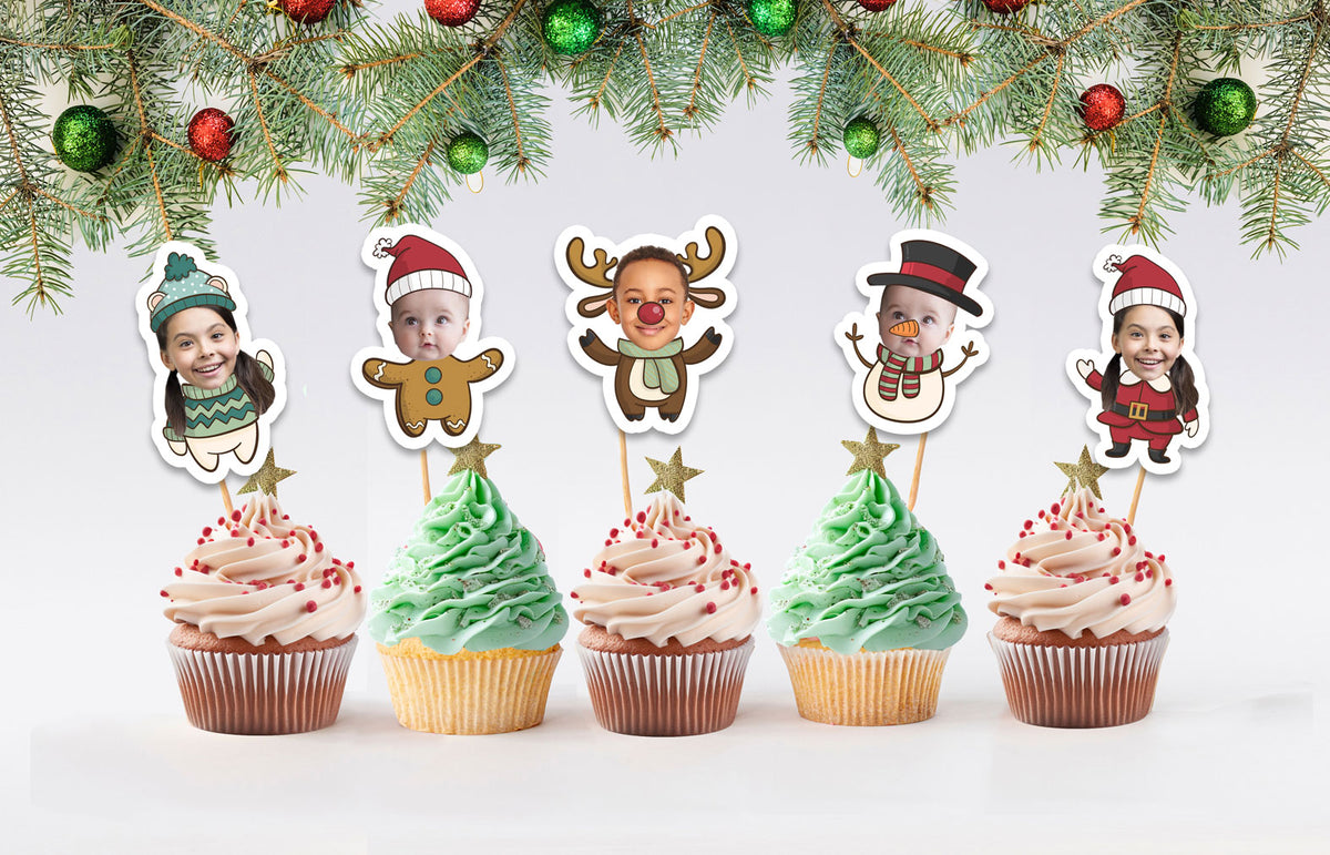Custom photo Christmas cupcake toppers for personalized holiday party decorations
