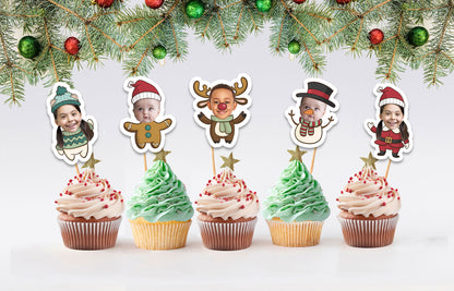 Custom photo Christmas cupcake toppers for personalized holiday party decorations