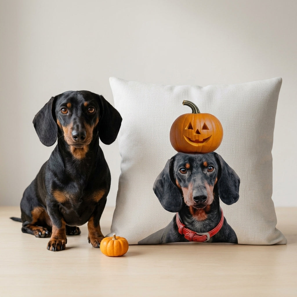 Personalized pet Halloween pillow with custom dog photo and pumpkin design
