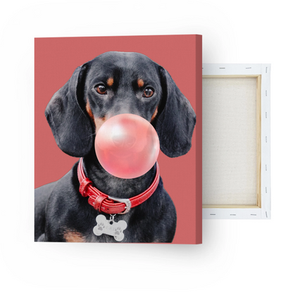 Custom dog portrait canvas with pink bubble gum design