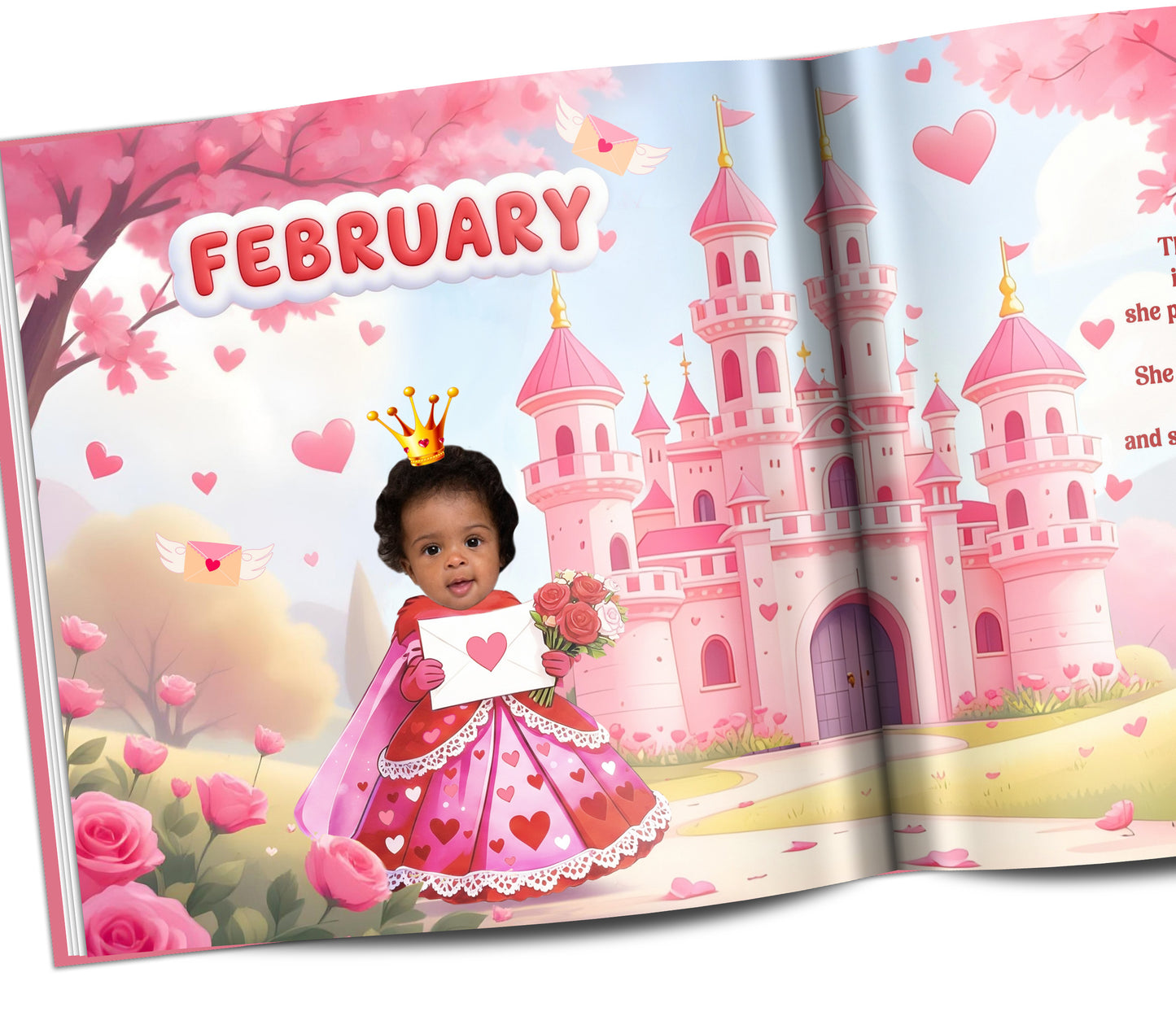 princess book for girls birthday personalized with their face and princess crowns, unicorns, castles