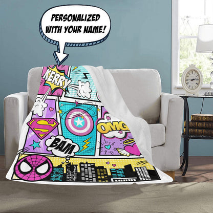 Personalized Comics Blanket - Superhero Comics Name Blanket for Girls