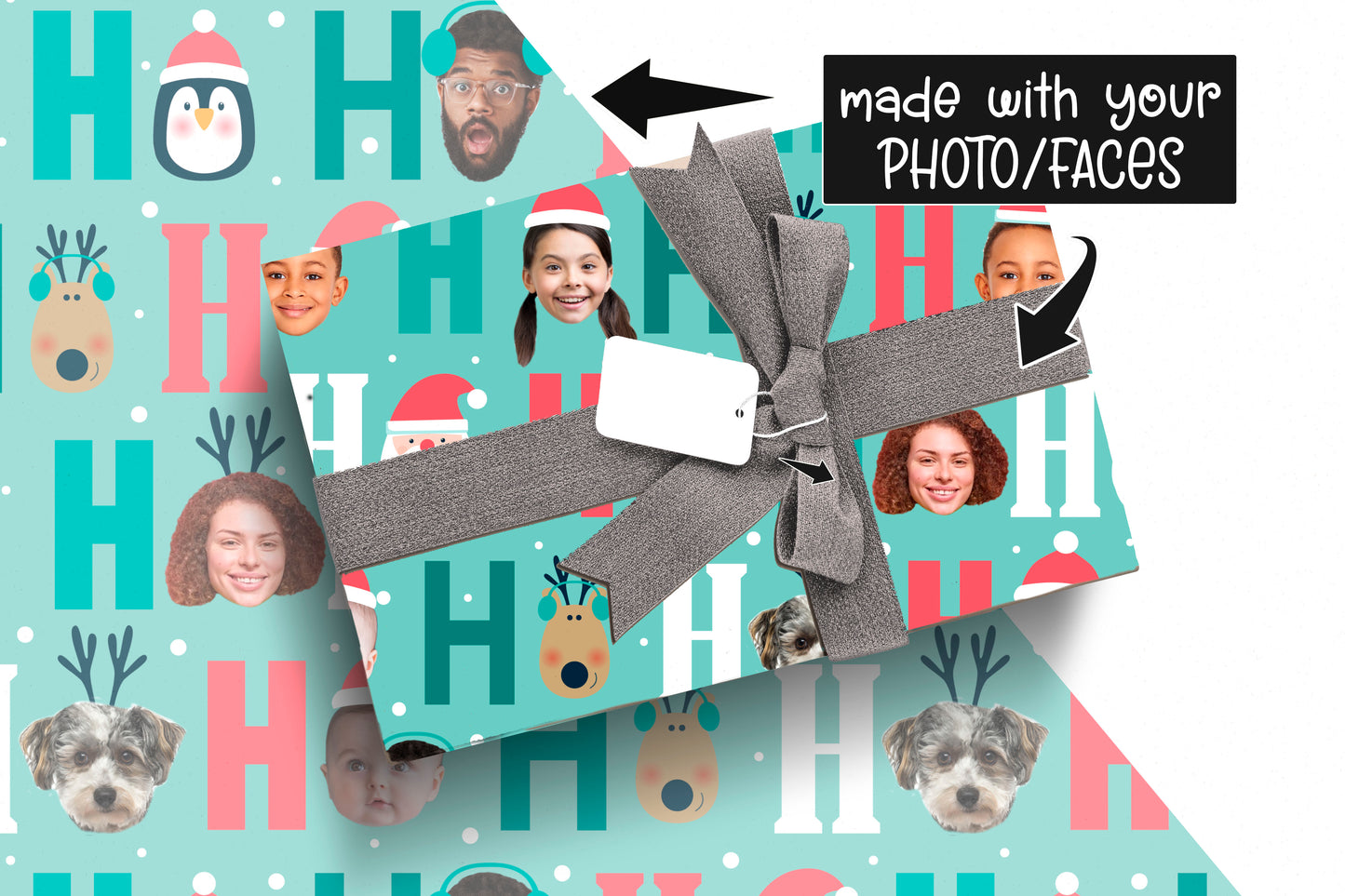 holiday family gift wrap with multiple photos and faces