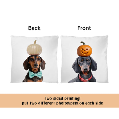 Custom dog Halloween pillow featuring personalized pet photo and pumpkin on head