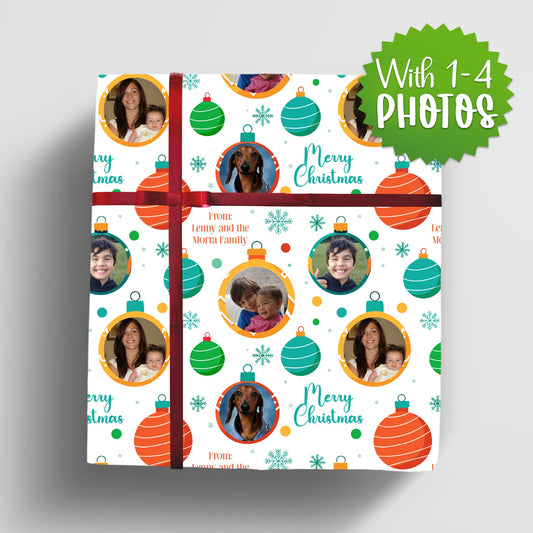 Gift wrap with holiday themed wrapping paper featuring photos of your family and christmas themed design for multiple people photos
