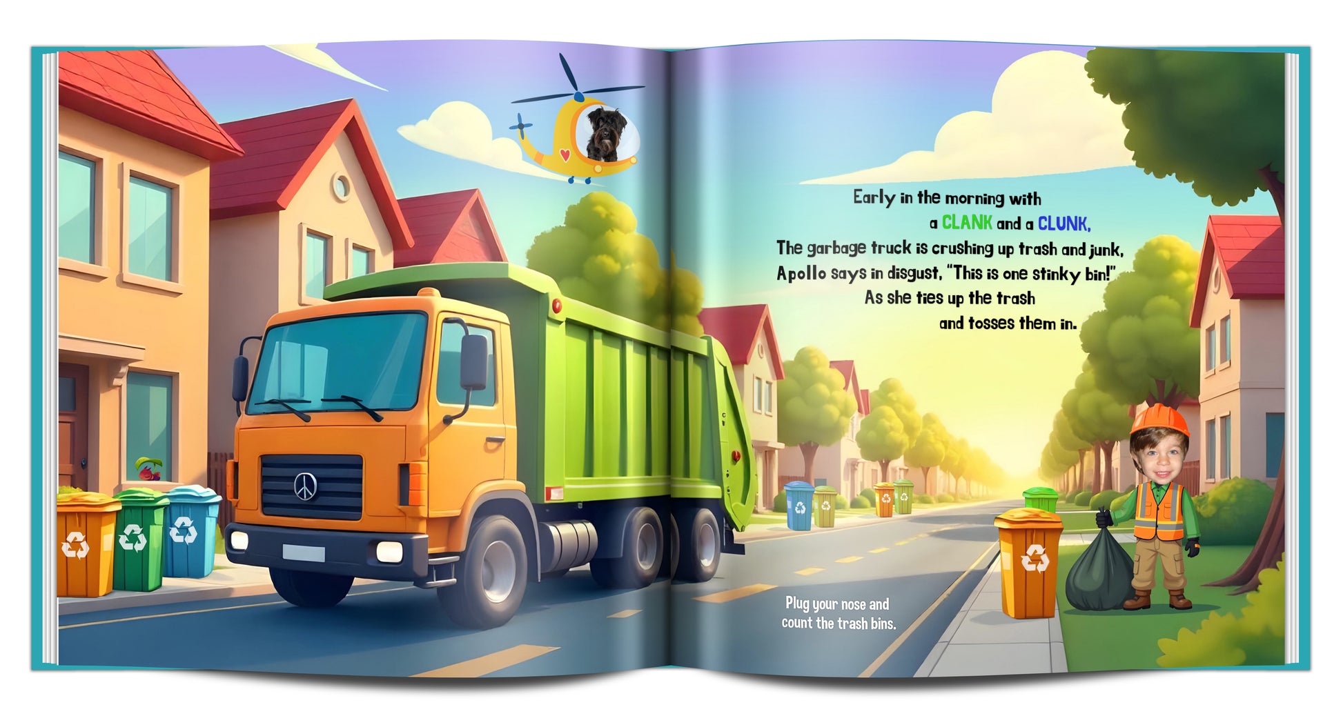 personalized cars books for multiple children with photo, name, pet - garbage truck book