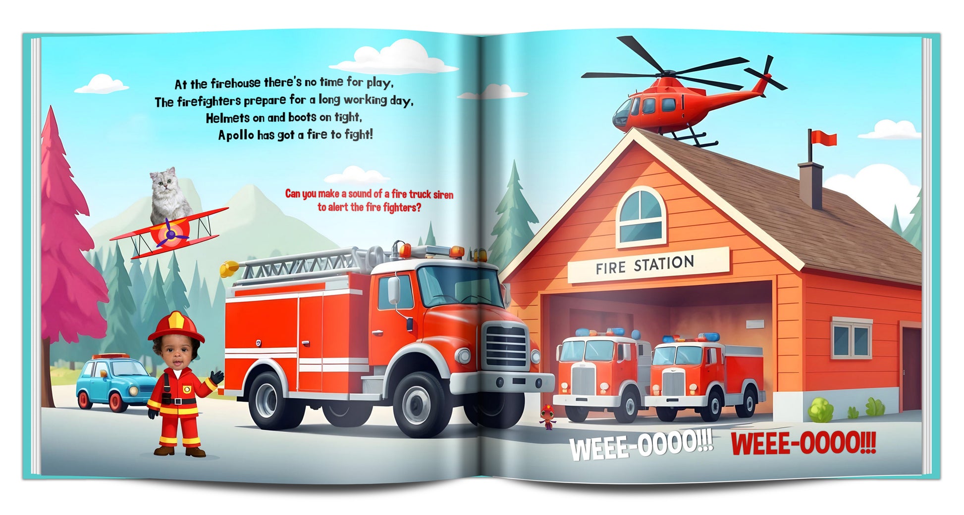 preview of personalized book with fire station, fire trucks, and a helicopter.