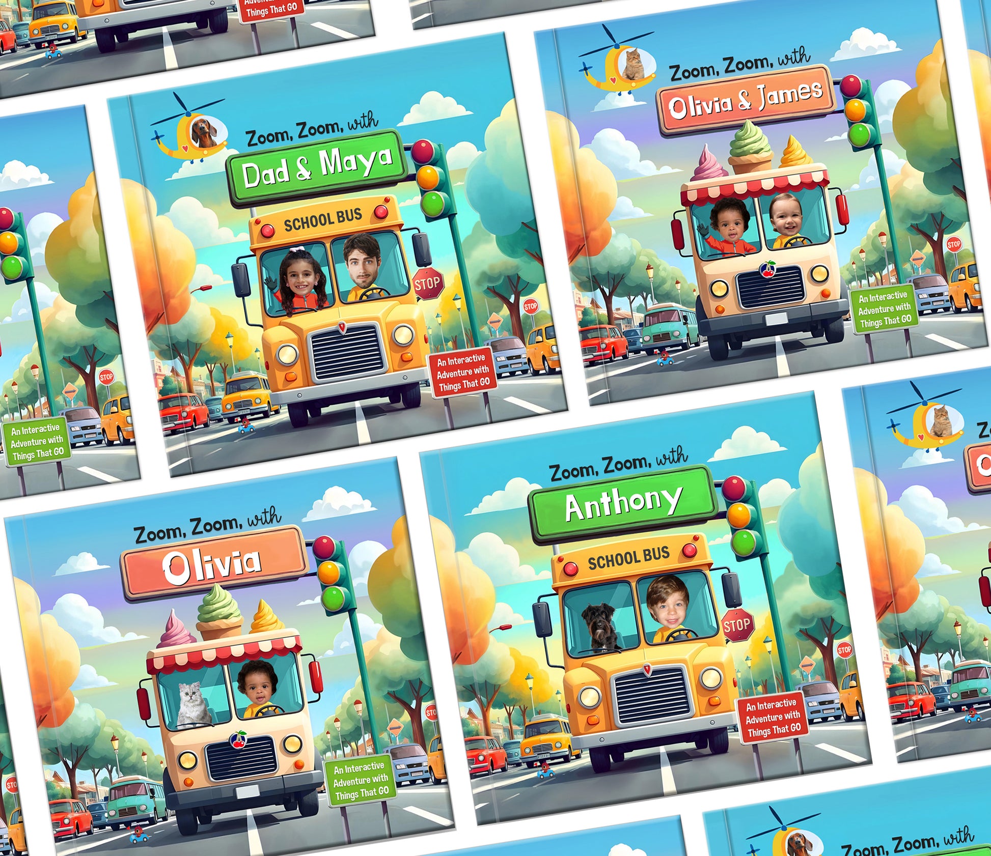personalized cars books for multiple children with photo and name and their pet