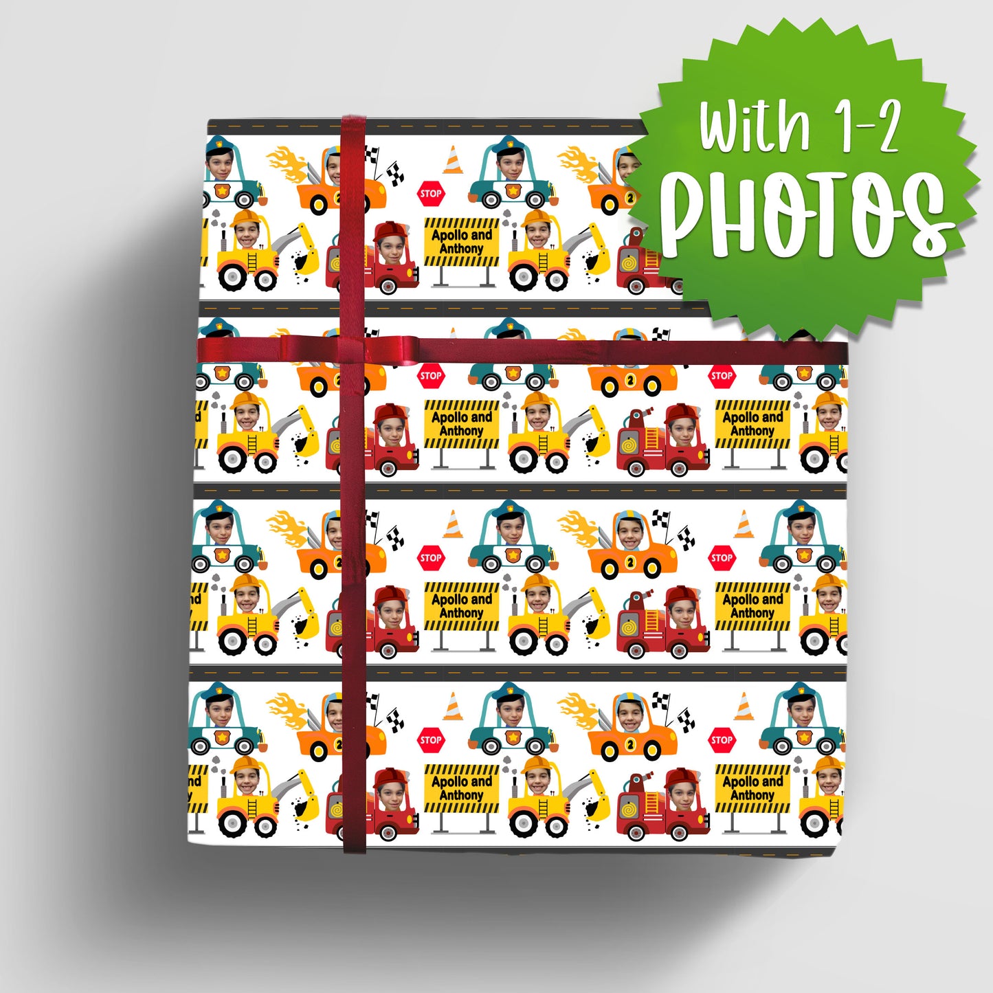 Transportation Cars Wrapping Paper - Trucks and Cars Photo Gift Wrap, 1-2 faces