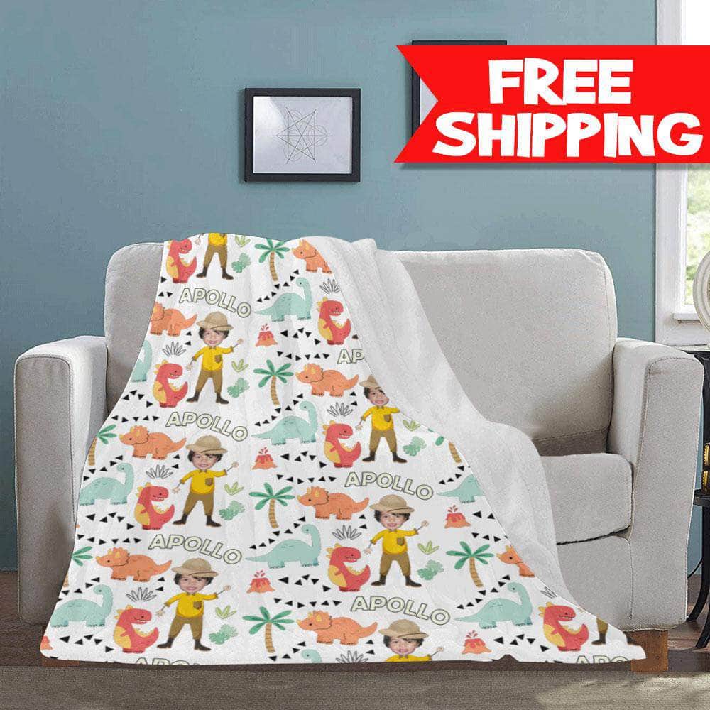 personalized dinosaur blanket for kids with photo and name