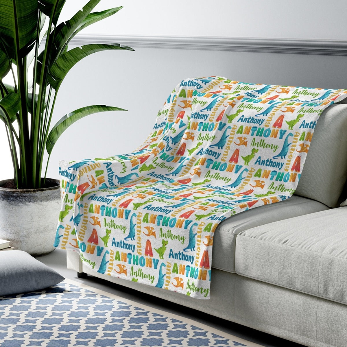 Dino Name Blanket - Custom blanket with name - Dinosaur baby Blanket