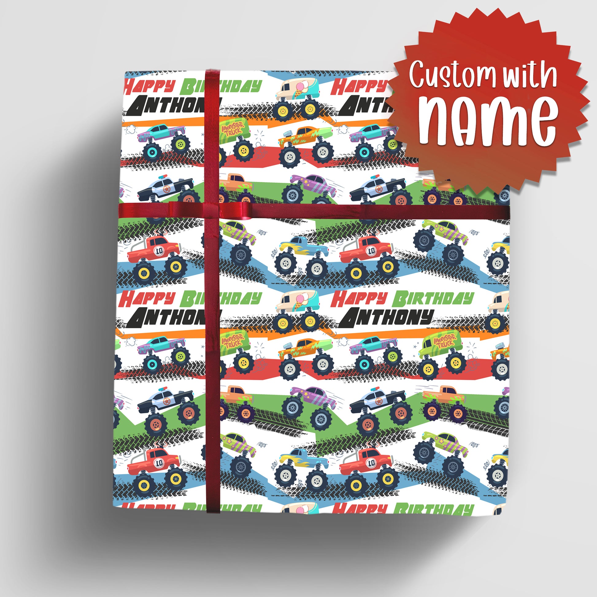 monster truck birthday gift wrap paper roll with name