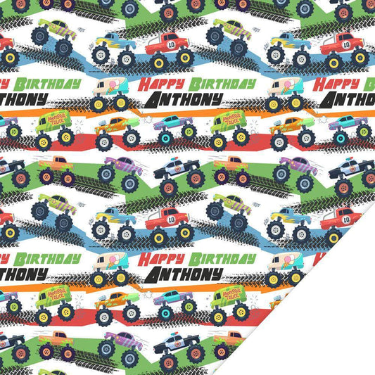personalized monster truck birthday gift wrap, monster truck wrapping paper, monster truck party gift, custom monster trucks birthday party