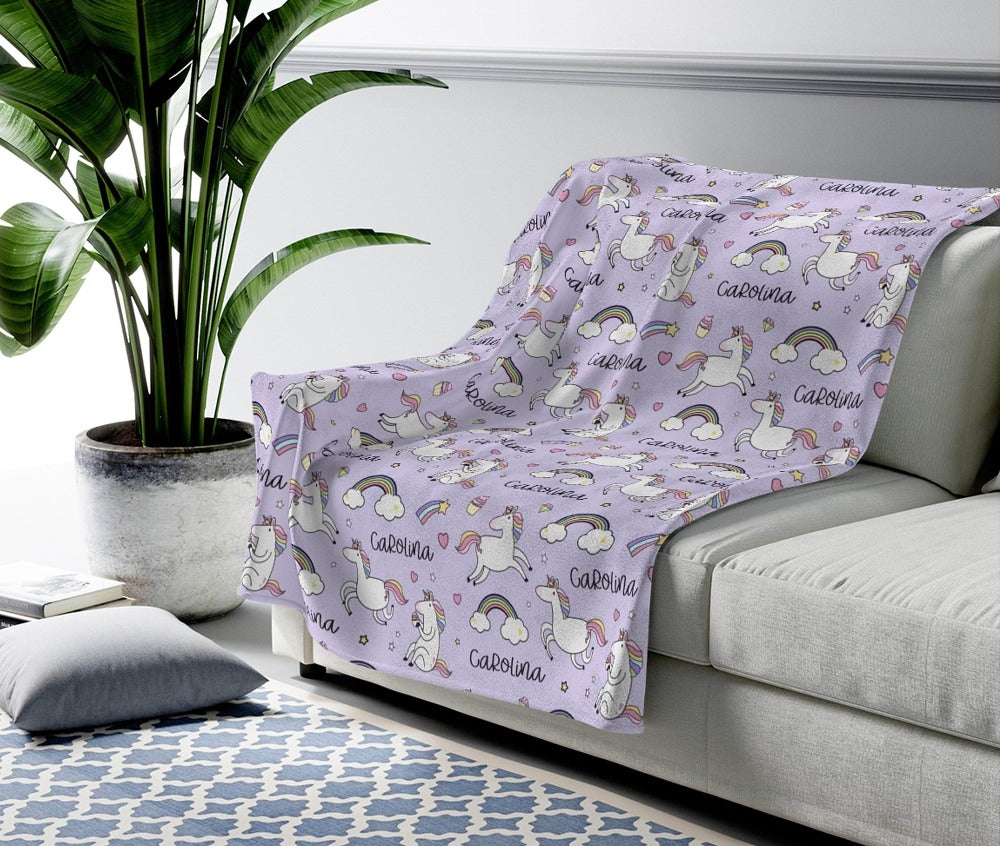 Purple Unicorn Blanket - Custom blanket with name - Purple Unicorns Blanket
