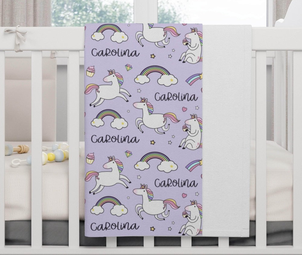 Purple Unicorn Blanket - Custom blanket with name - Purple Unicorns Baby Name Blanket