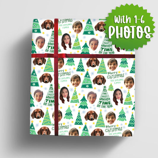Personalized Family Gift Wrap - Christmas Tree Design, Multiple Faces